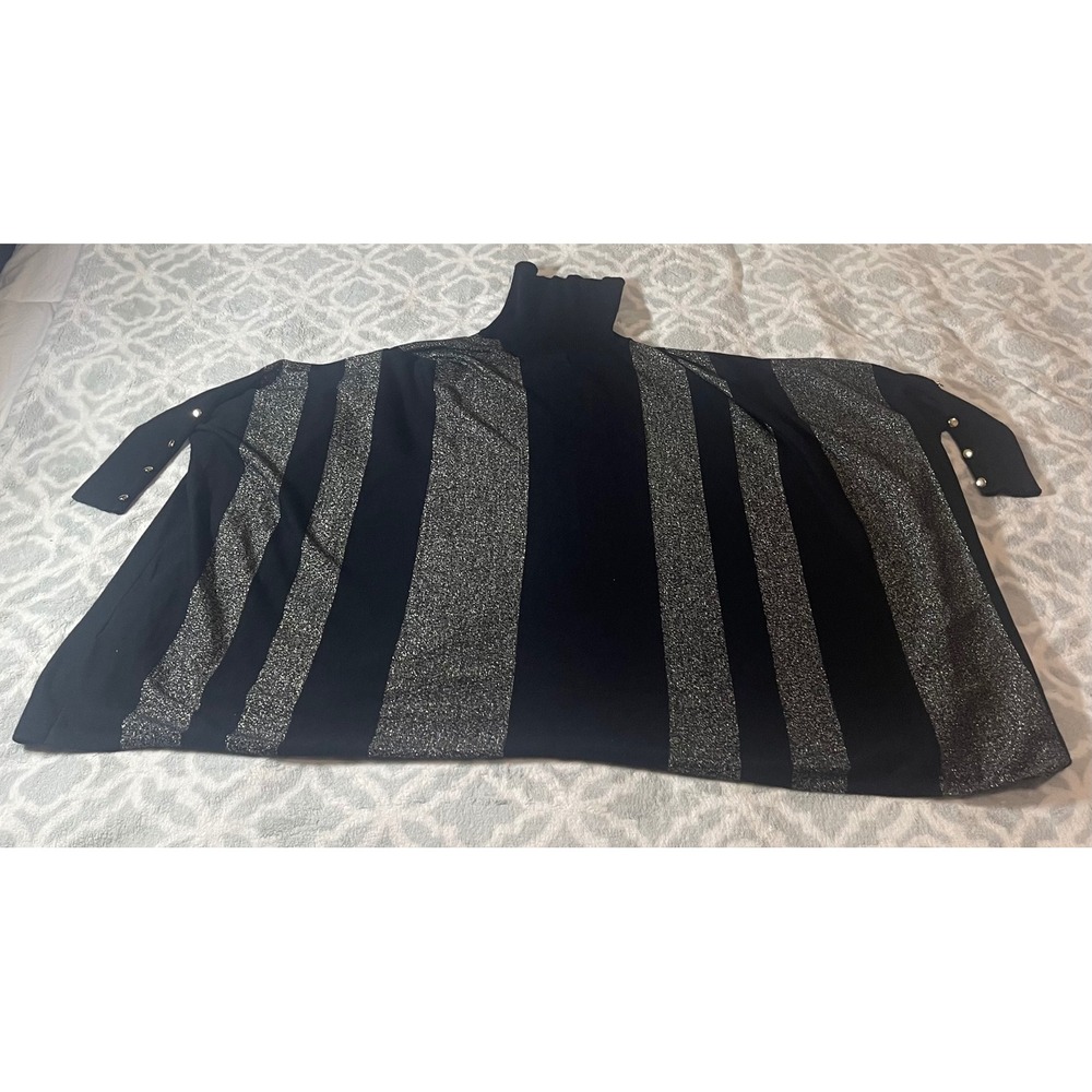 JM Collection Womens Black Silver Metallic Striped Turtleneck Poncho Sweater L